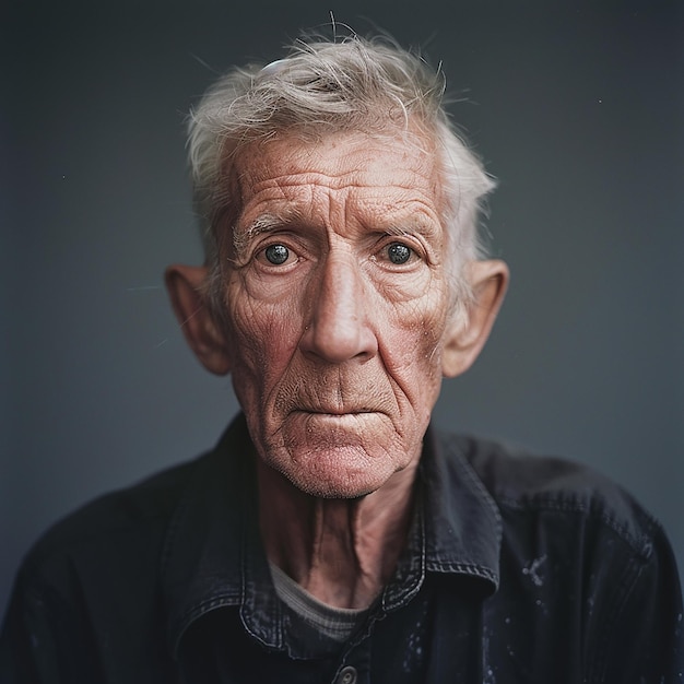 a man with gray hair and a black shirt is standing in front of a gray background