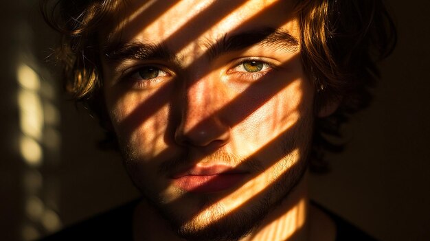 Photo a man with green eyes and a shadow of a man with a shadow on his face