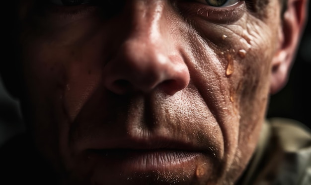 A man with green eyes and a tear on his face