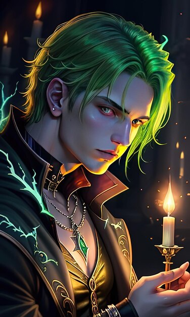 A man with green hair and a candle in his hand