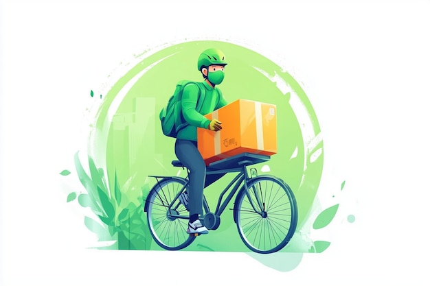 Photo a man with a green helmet on riding a bike with a green background with a man carrying a box