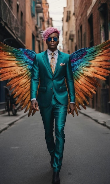 a man with a green suit and wings on his back