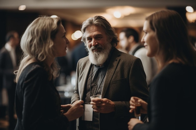 A man with a grey beard talks to a man with a cup of wine.