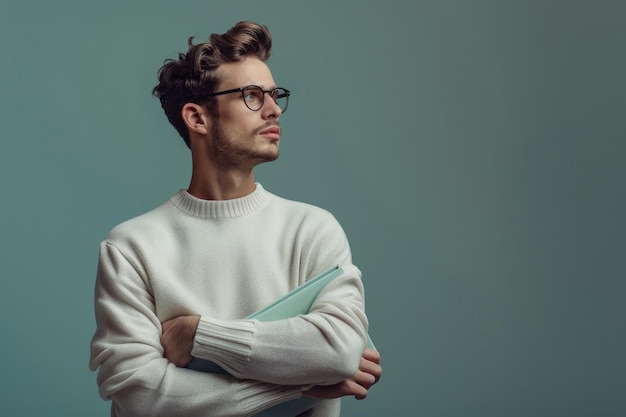 Man with grey folder looks thoughtful