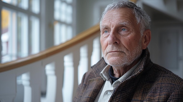 a man with grey hair and a brown jacket sits in front of a staircase