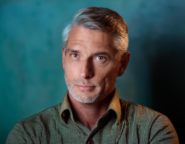 a man with grey hair and a green shirt with a white beard