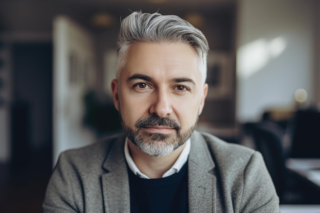 A man with grey hair and a grey blazer sits in a restaurant.