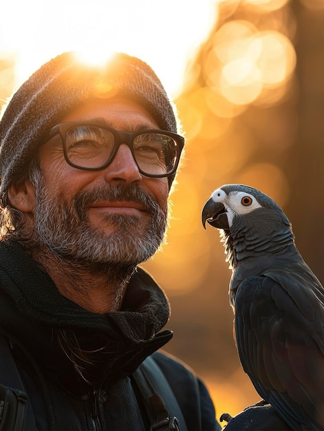 Photo a man with a grey parrot in golden sunlight