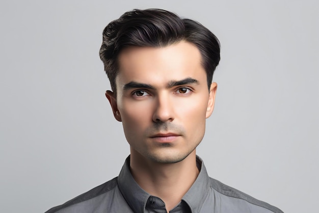 A man with a grey shirt and black hair is wearing a grey shirt.