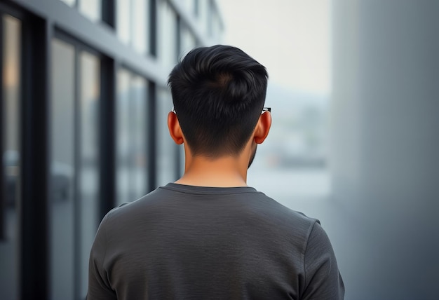 Photo a man with a grey shirt is standing in front of a building