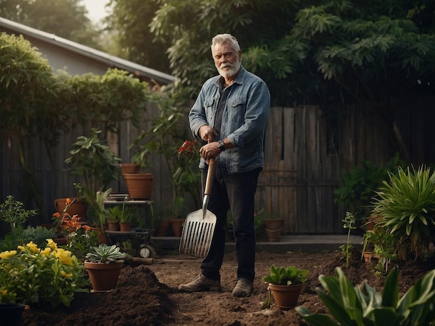 Photo a man with a grill standing with a gardening trowel an_0