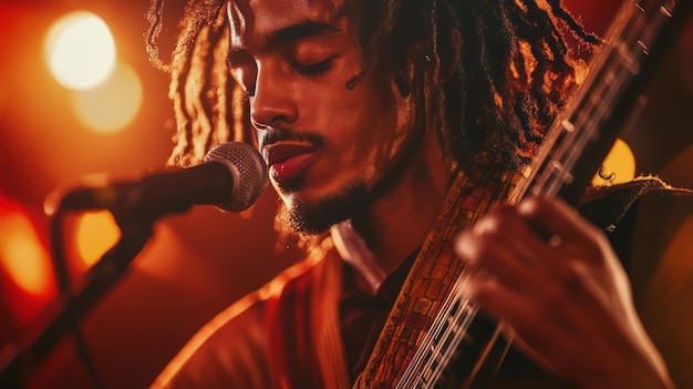 Photo a man with a guitar in his hand is singing into a microphone