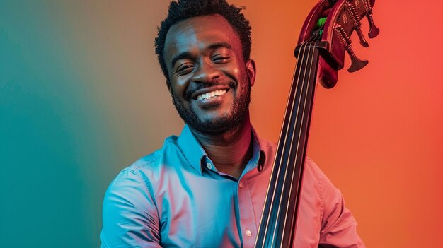 Photo a man with a guitar in his hands is smiling and holding a guitar