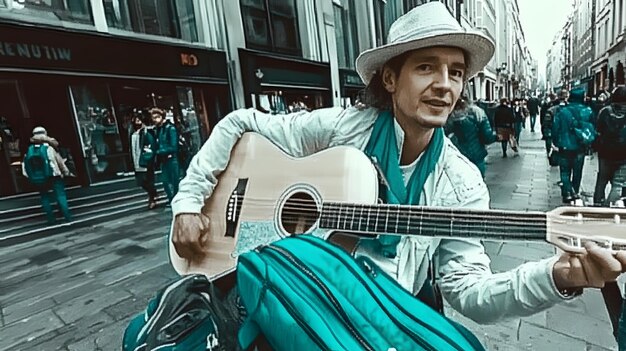 Photo a man with a guitar on his lap sits on a street