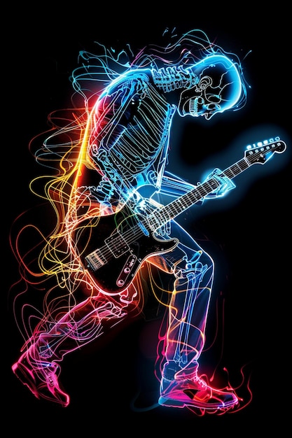 a man with a guitar and a neon light