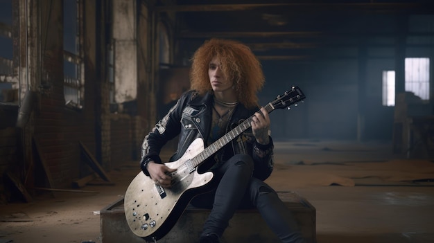 A man with a guitar sits on a dark background.