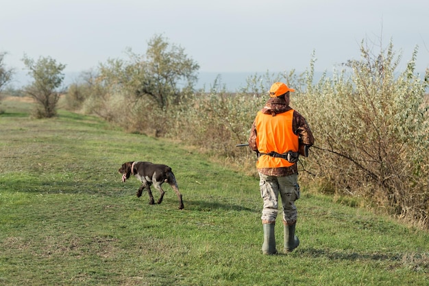 A man with a gun in his hands and an orange vest on a pheasant hunt in a wooded area in cloudy weather Hunter with dogs in search of game