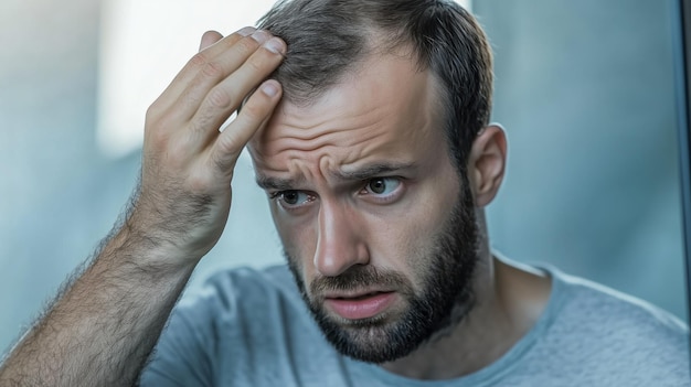 Photo man with hair loss looks at mirror with concern about his appearance