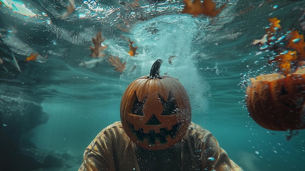 Man with a Halloween head underwater in a horror subaquatic scene