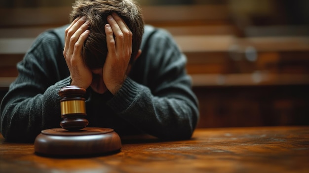 Photo a man with a hammer in his hands is sitting on a table with a judge in the background