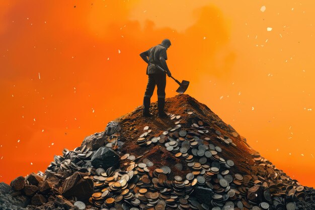 a man with a hammer standing on a pile of coins