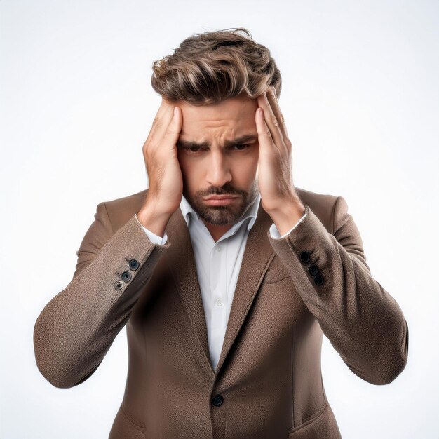 Photo man with hand on head looking in pain worried isolated on white background