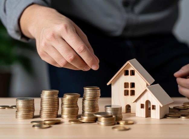 Man with hand reaching for the stack of coins and model house on a table