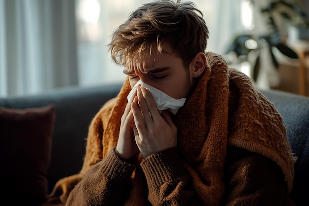 Photo a man with a handkerchief on his nose is covered by a blanket