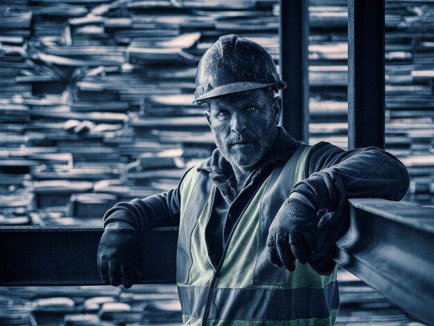 Photo a man with a hard hat and a hard hat is holding a knife