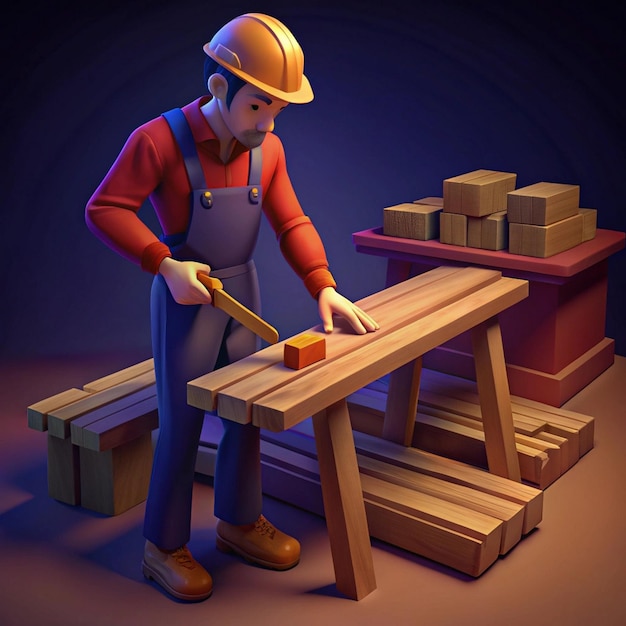 a man with a hard hat is working on a wooden bench