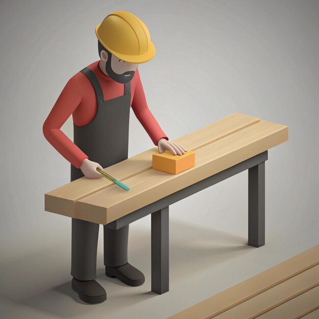 Photo a man with a hard hat is working on a wooden block