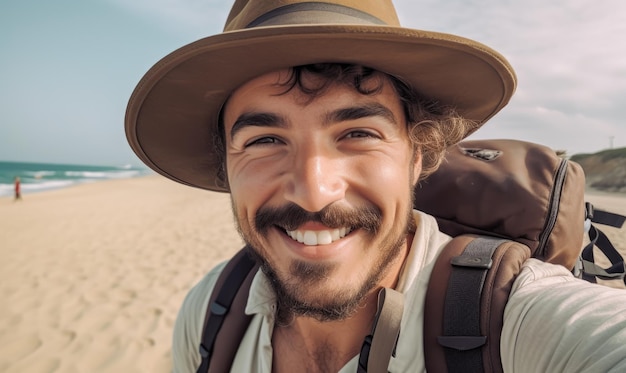 A man with a hat on and a backpack on his face is smiling.