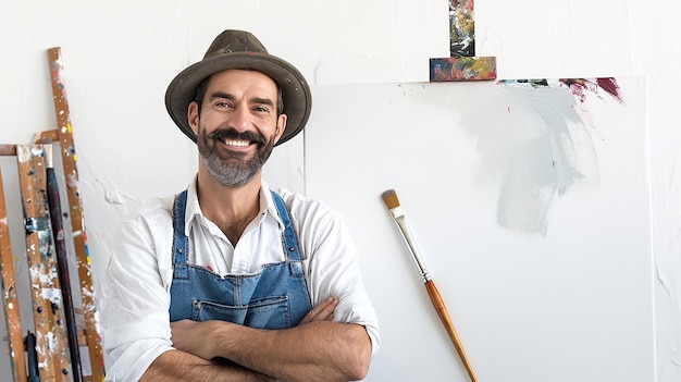 Photo a man with a hat and a blue apron stands in front of a painting