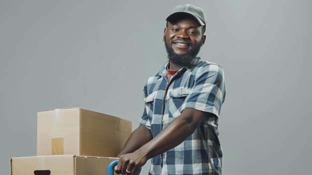 a man with a hat and a blue hose is standing in front of boxes