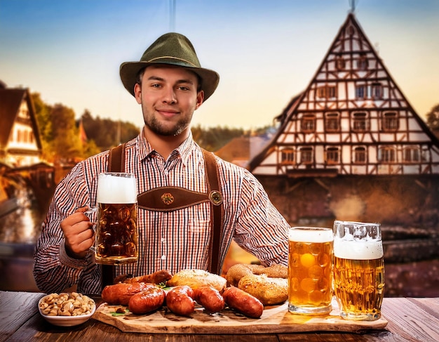 Photo a man with a hat and glasses of beer and a plate of sausages