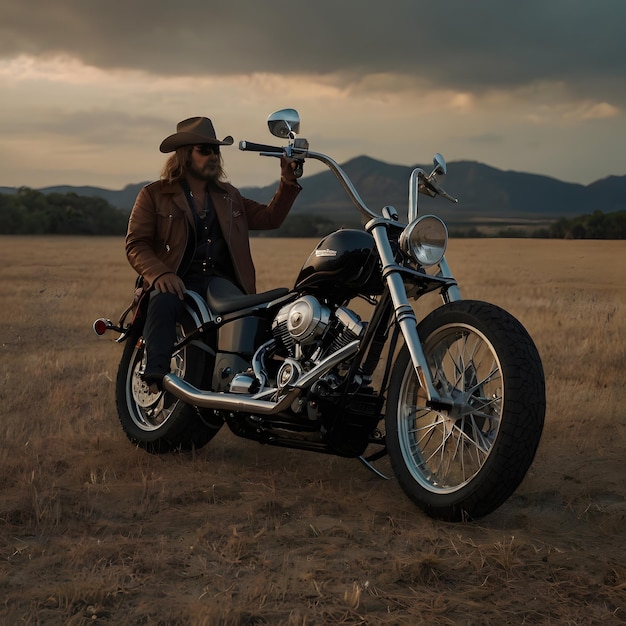 Photo a man with a hat and a hat is sitting on a motorcycle