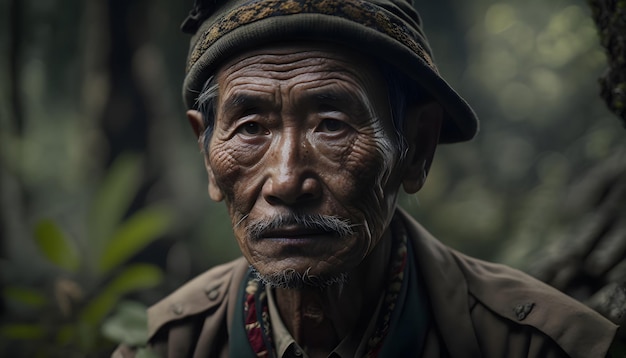 A man with a hat and a hat is standing in a forest.