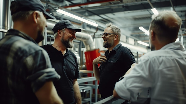 a man with a hat on is smiling in a factory