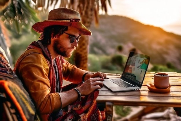 Photo a man with a hat on and a laptop on a table