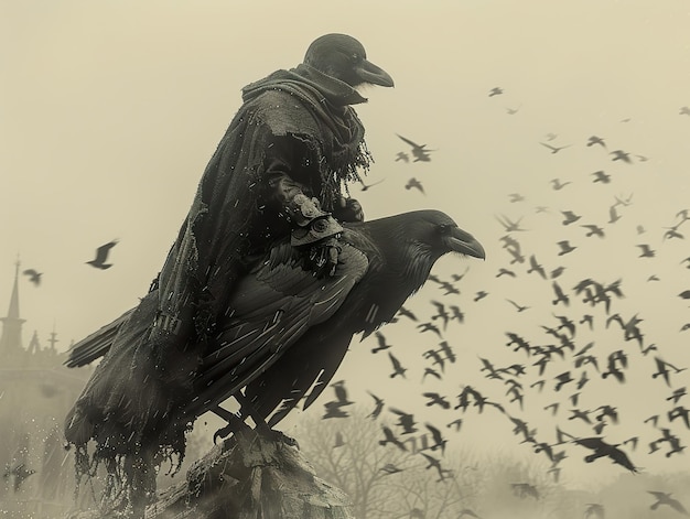 Photo a man with a hat on and a large bird in the air