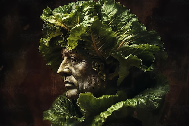 A man with a hat and leafy vegetables on his head