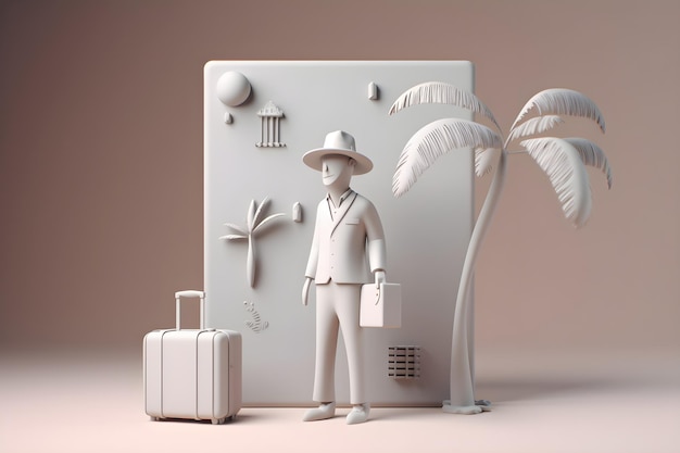 A man with a hat and a suitcase next to a palm tree.