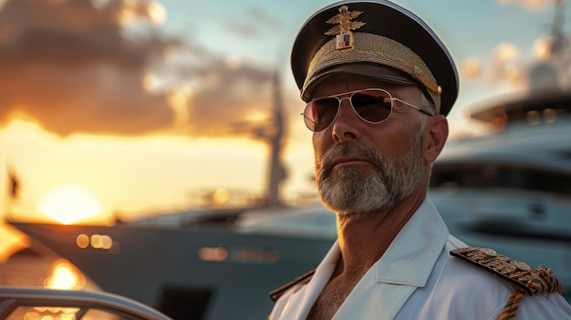 a man with a hat and sunglasses is standing in front of a ship with the sun behind him