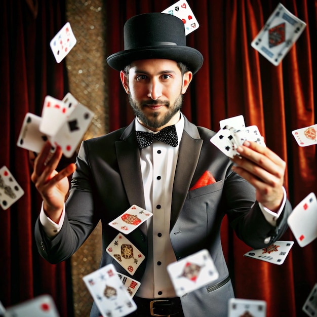 a man with a hat that has playing cards on it