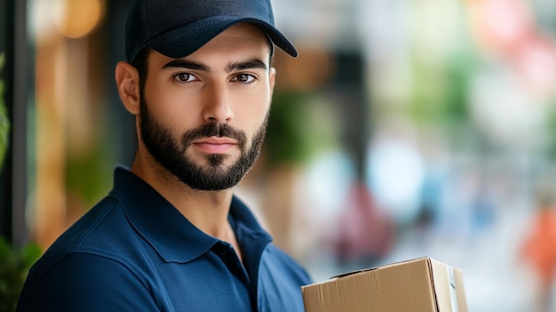 a man with a hat that says quot hes holding a box quot