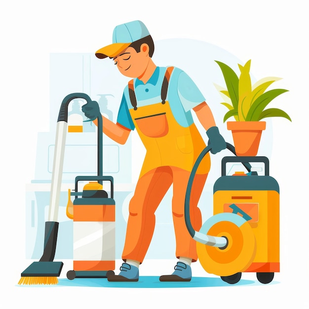 a man with a hat and yellow overalls is using a vacuum cleaner