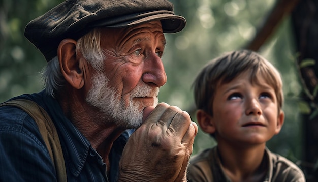 A man with a hat and a young boy looking up