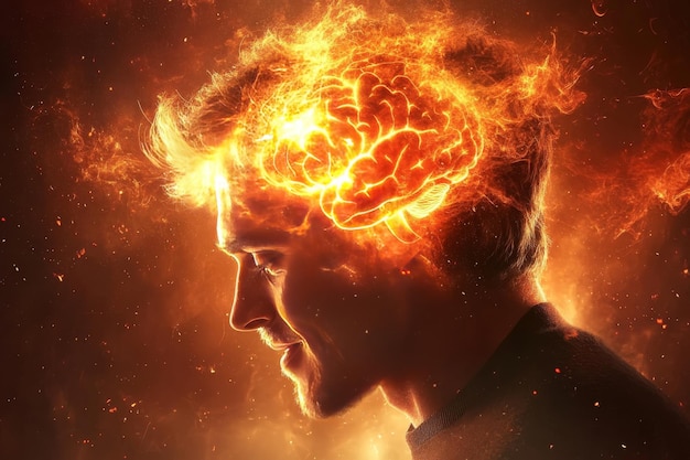 Man with head ablaze in digital flames representing passion and the burning drive for innovation