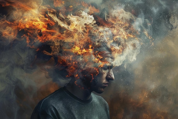 Man with head engulfed in flames and smoke symbolizing intense emotion or thought