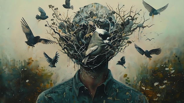 a man with a head full of birds and a bird in his head